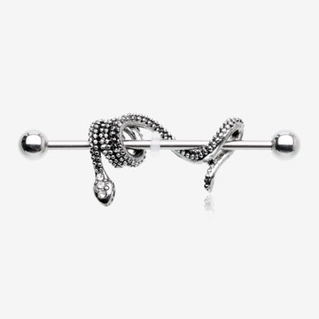 Antique Serpent Snake Sparkle Steel Industrial Barbell-Clear Gem